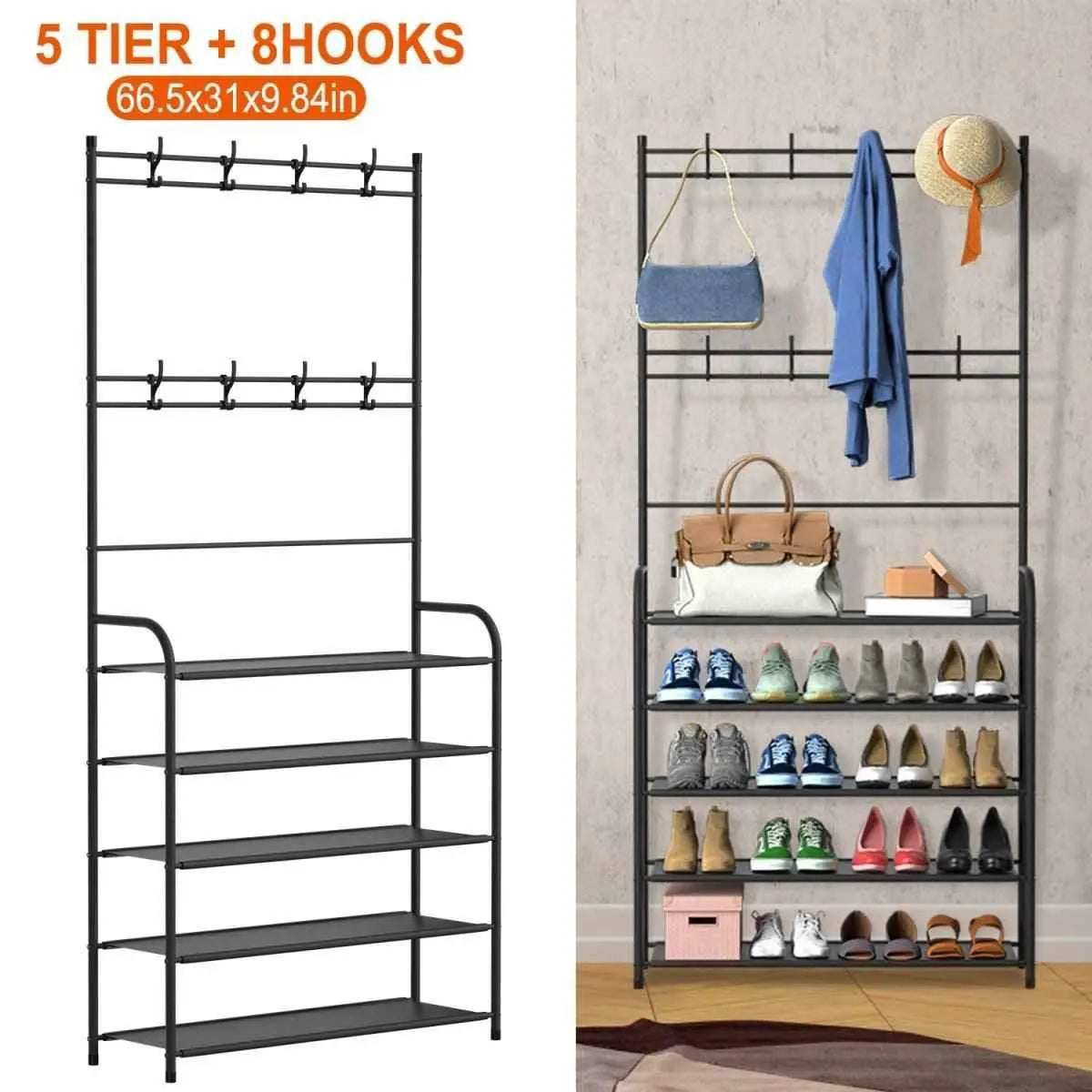 GrandHeim five tier shoe rack storage cupboard with eight hooks for organizing shoes and accessories