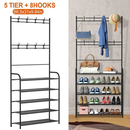 GrandHeim five tier shoe rack storage cupboard with eight hooks for organizing shoes and accessories