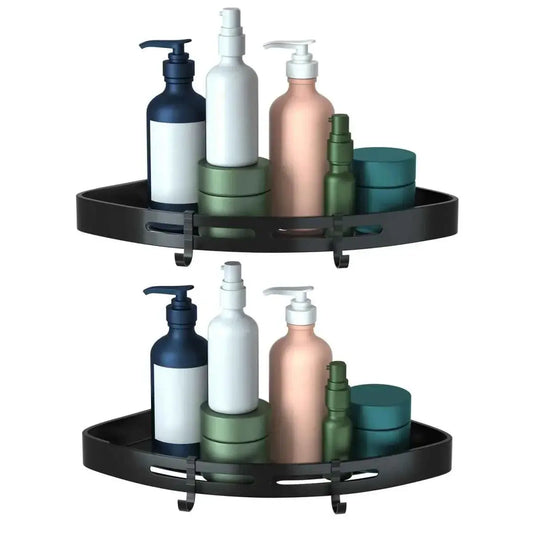 GrandHeim black metal shower rack corner with hooks holding various bottles and containers