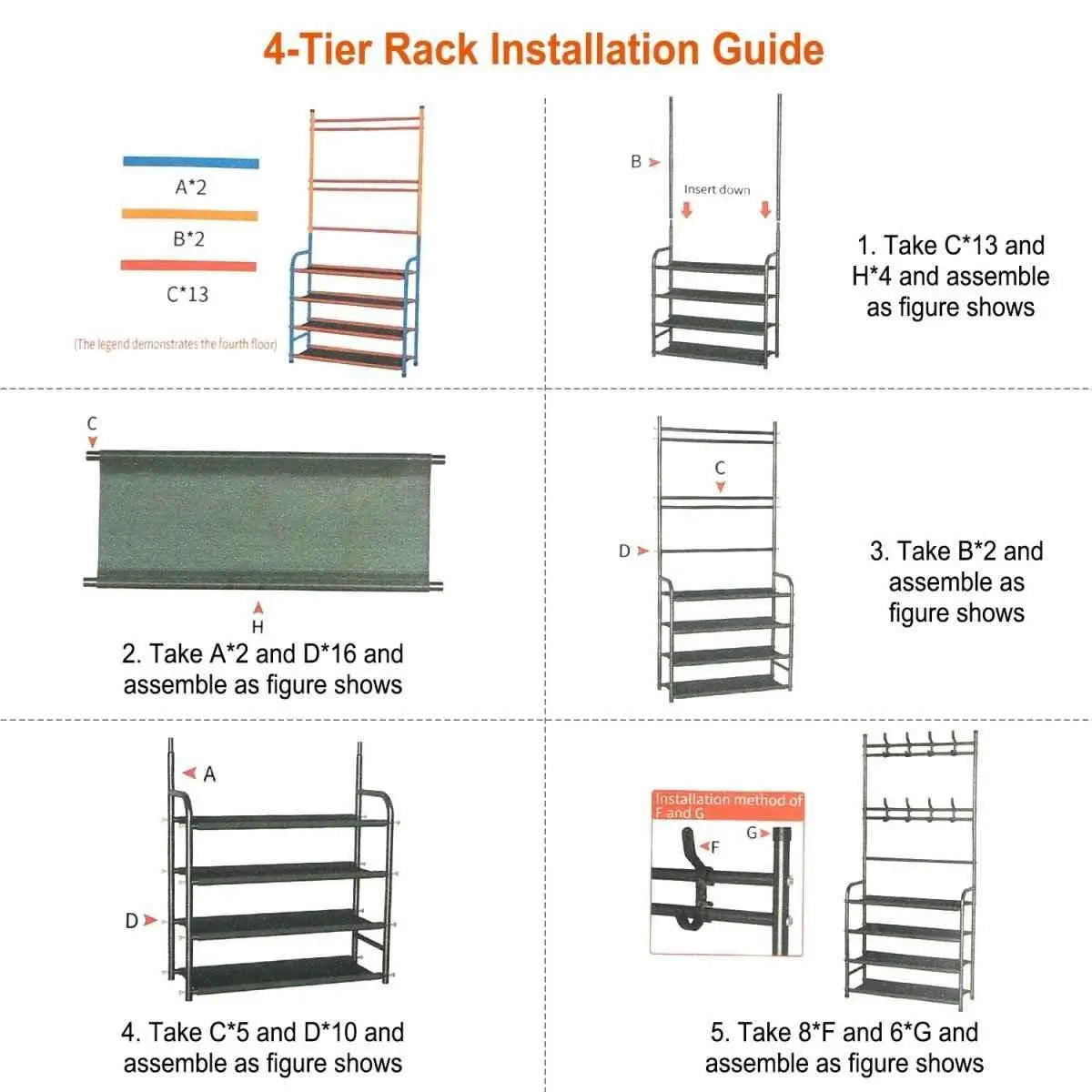 GrandHeim 4-tier shoe rack storage cupboard installation guide with step-by-step assembly instructions