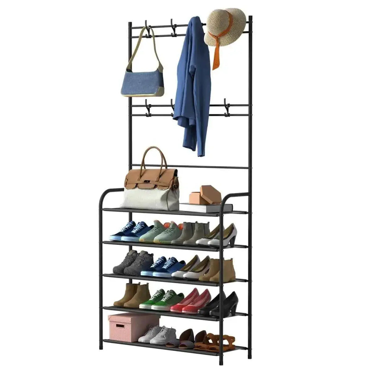 GrandHeim shoe rack storage cupboard with multiple shelves and hooks for shoes bags and coats