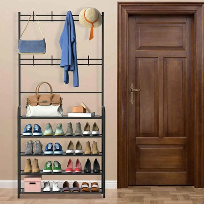 GrandHeim black metal shoe rack storage cupboard with multiple shelves and hooks holding shoes bags and hats