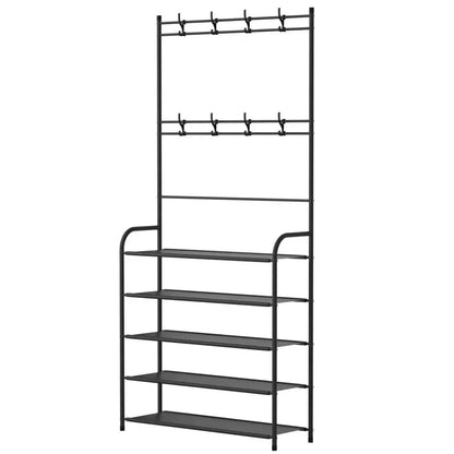 GrandHeim black metal shoe rack storage cupboard with multiple shelves and hooks for organizing shoes and coats