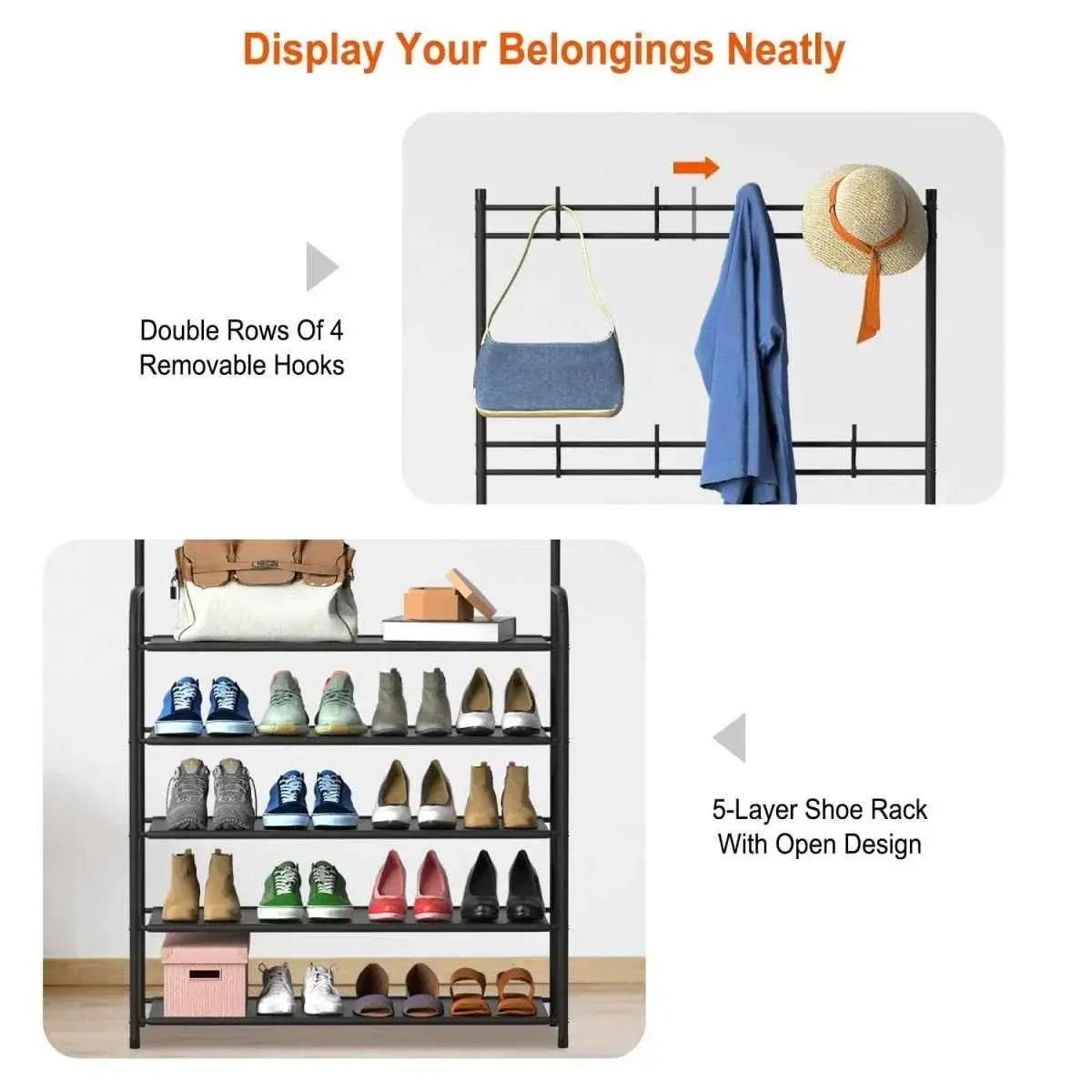 GrandHeim shoe rack storage cupboard with 5-layer open design and double rows of removable hooks for home organization