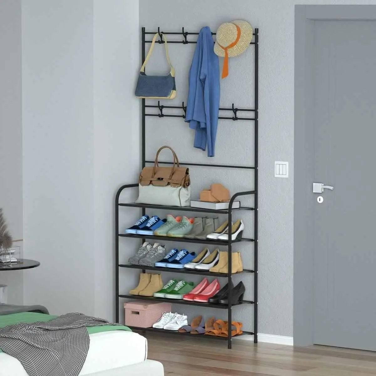 GrandHeim black metal shoe rack storage cupboard with multiple shelves and hooks for bags and clothes