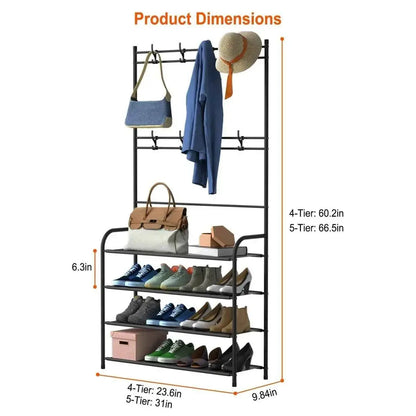 GrandHeim 5-tier shoe rack storage cupboard with hooks for hanging bags and coats