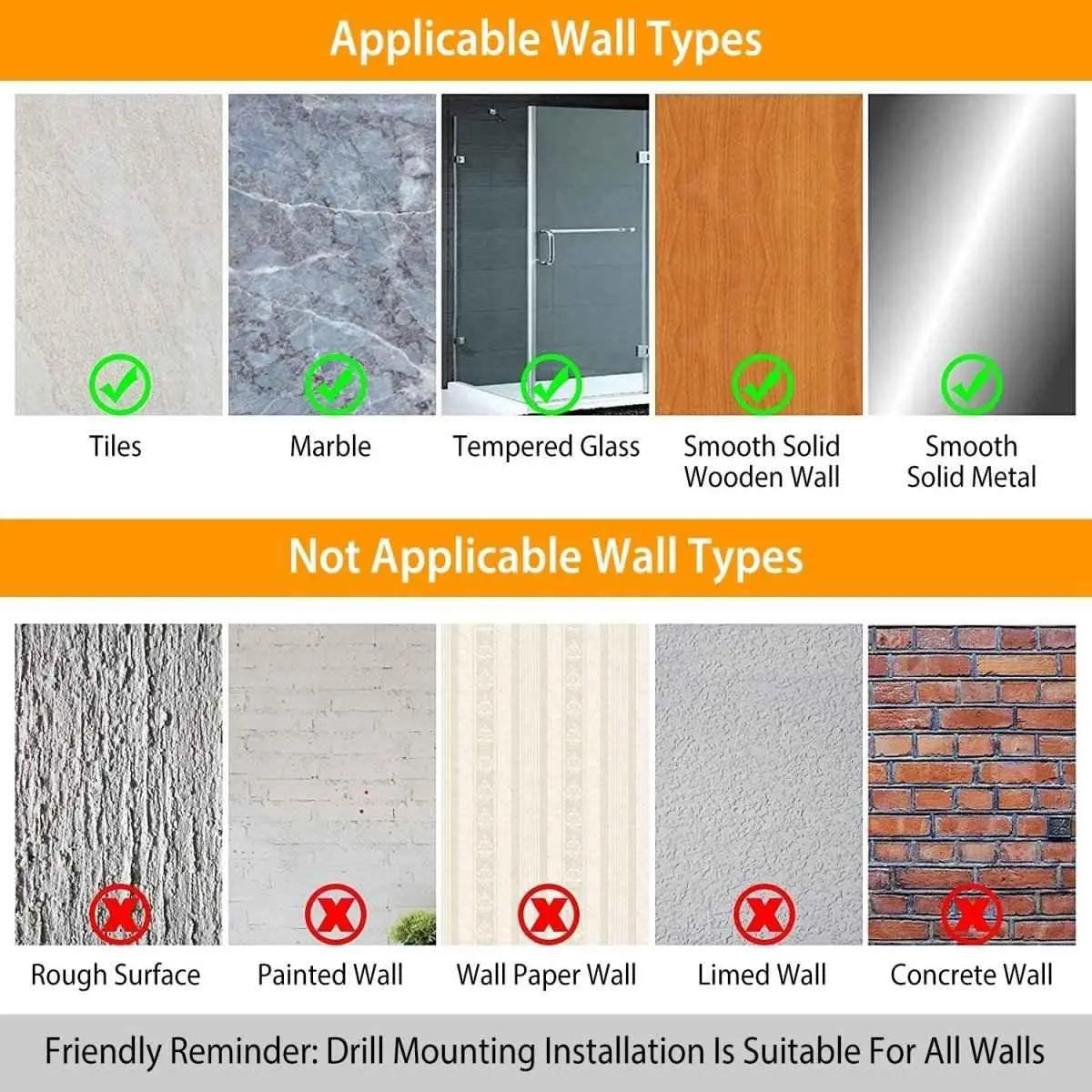 Wall types suitable for GrandHeim shower rack corner including tiles marble tempered glass wood metal and unsuitable rough painted wallpaper lime concrete walls
