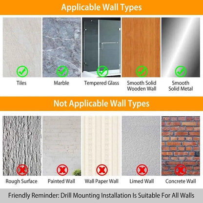 Wall types suitable for GrandHeim shower rack corner including tiles marble tempered glass wood metal and unsuitable rough painted wallpaper lime concrete walls