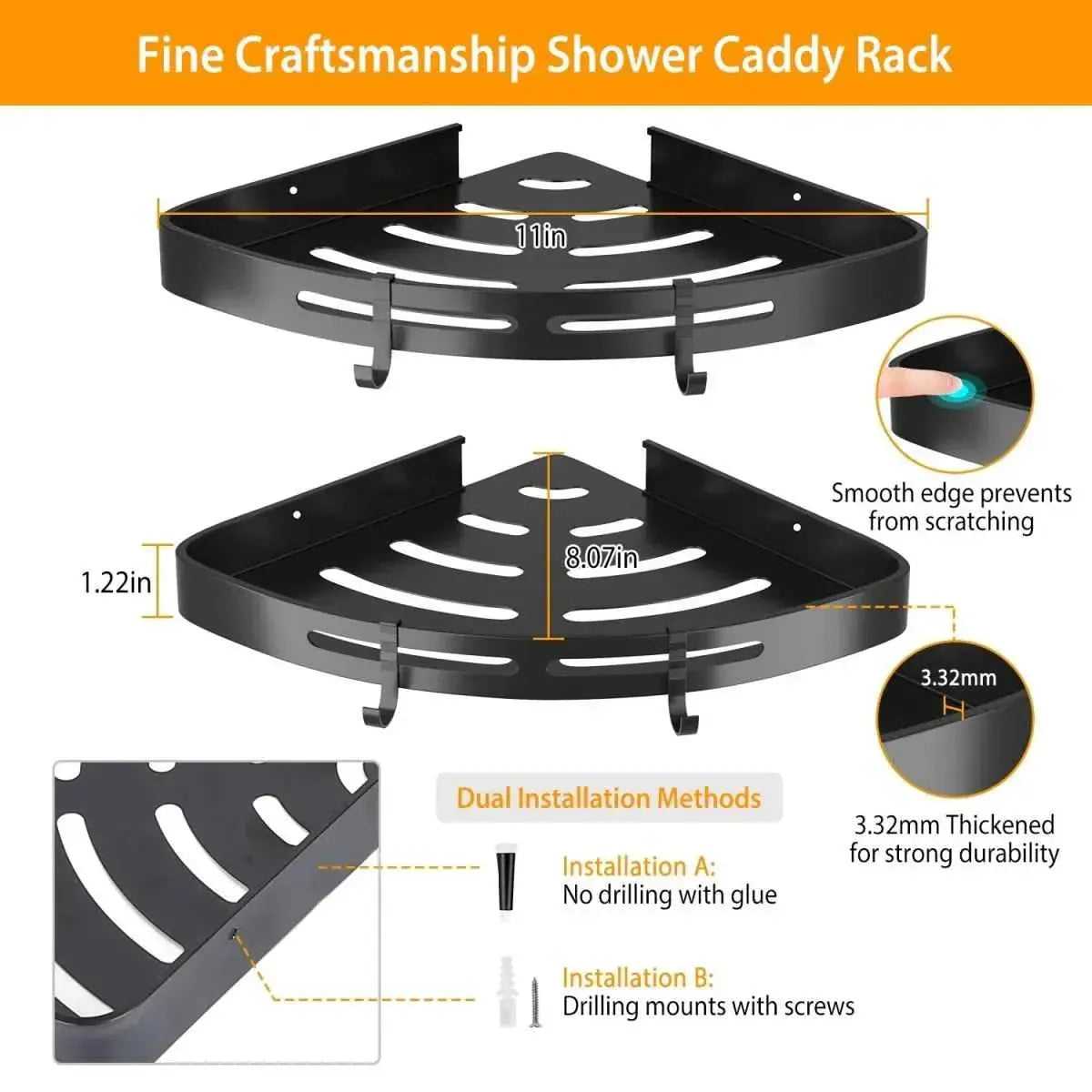 GrandHeim black metal shower rack corner with smooth edges and dual installation methods for bathroom organization