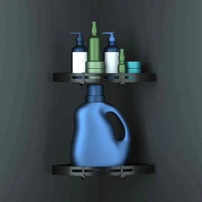 GrandHeim black metal shower rack corner with two shelves holding bottles and containers