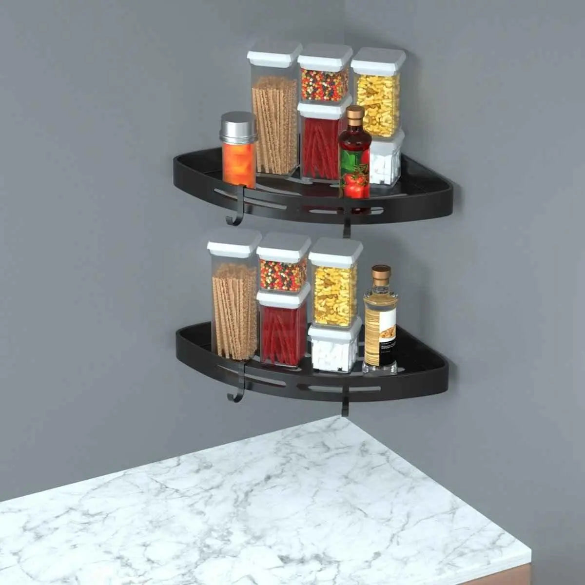 GrandHeim black metal shower rack corner with two shelves holding jars and bottles in a gray bathroom