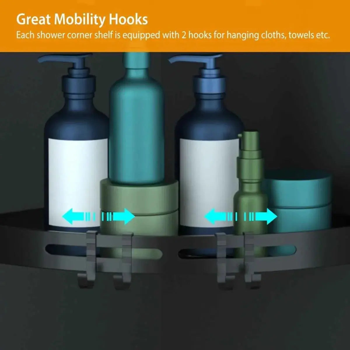 GrandHeim shower rack corner with two hooks holding bottles and containers for bathroom organization