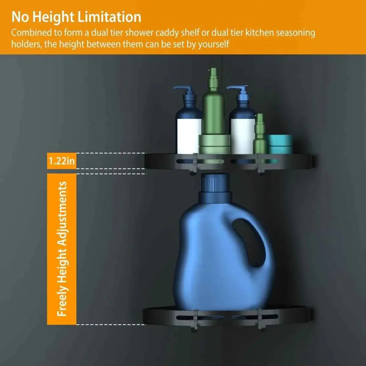 GrandHeim shower rack corner with adjustable dual tier shelves holding bottles and containers