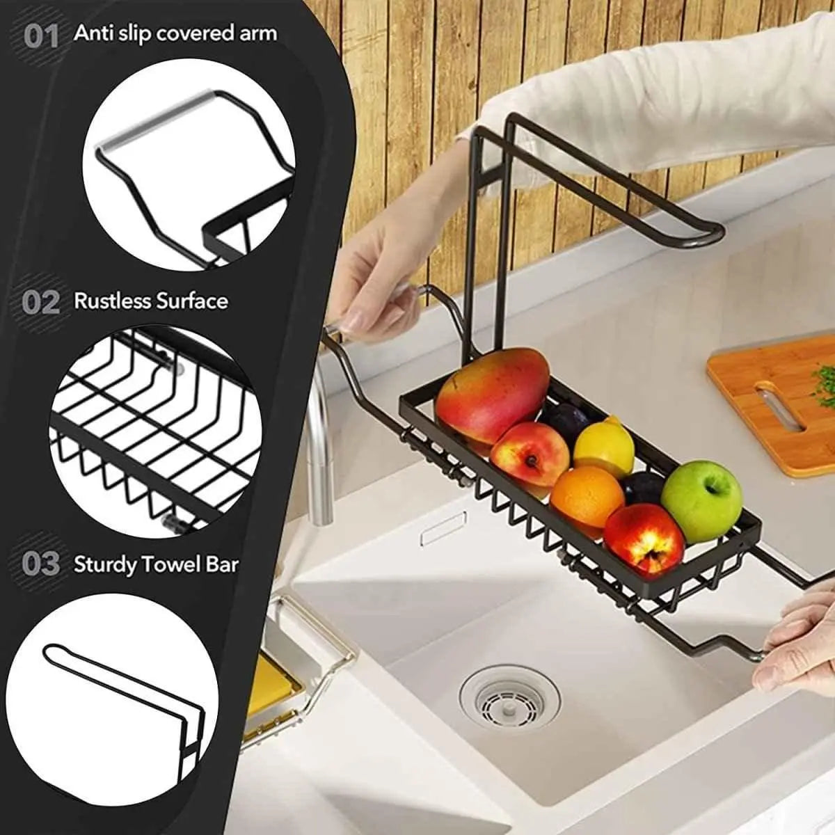 GrandHeim sink caddy kitchen organizer with anti slip arm rustless surface and towel bar holding fruits over sink