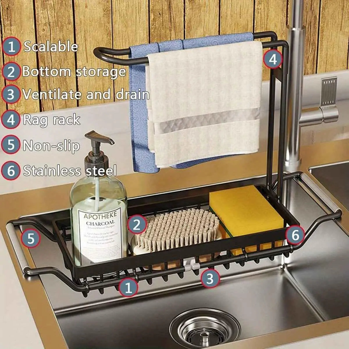 GrandHeim sink caddy kitchen organizer with scalable design, bottom storage, rag rack, and stainless steel for kitchen sink